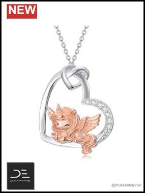 925 Sterling Silver Unicorn Pendant Necklace with Lab Grown Diamond Moon Charm